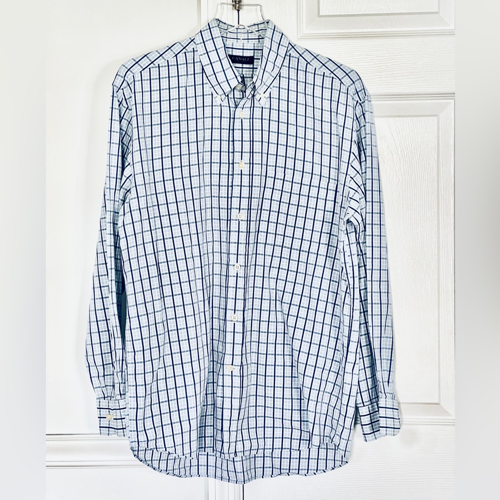 Canali Sportswear Shirt Blue White Plaid Button Down Long Sleeve Pocket Mens L